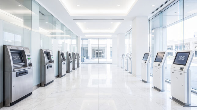 Stainless steel automated teller machines standing opposite touchscreen payment kiosks showing error text inside spacious white marble bank lobby interior corridor