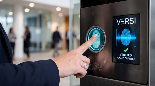 Professional accessing secure building entry with advanced biometric fingerprint technology, showcasing modern workplace security and identity verification system