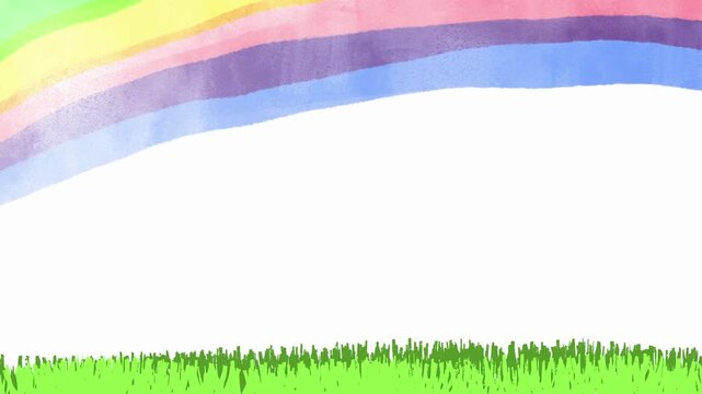 Abstract watercolor illustration featuring a colorful rainbow arching over a vibrant green grassy field.
