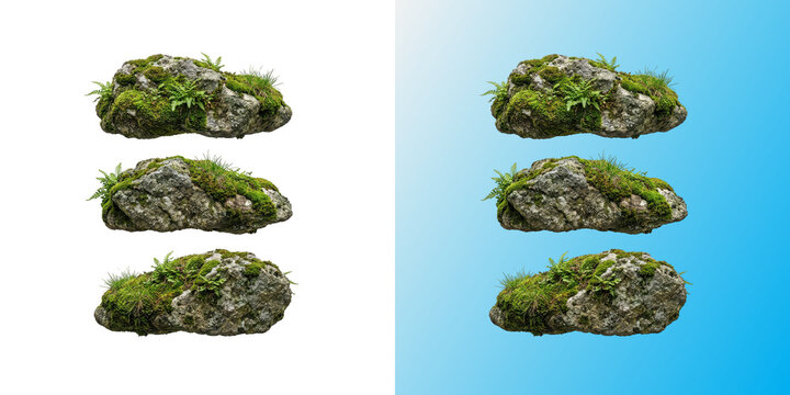 Mossy rock boulder with green fern plants cutout element