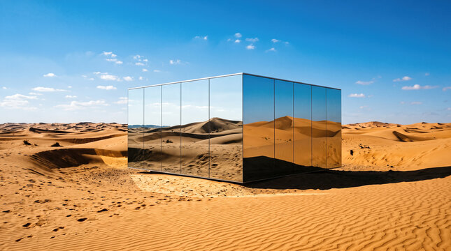 Mirrored glass cube building structure reflecting golden sand dunes under clear blue sky in arid desert landscape wilderness outdoors horizon