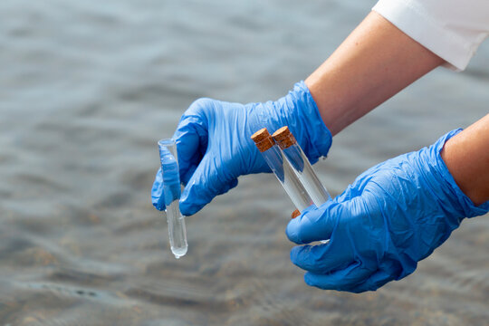 scientist gloved hands collecting water sample test tubes lake river surface microplastic pollution testing environmental research concept of ecology contamination science
