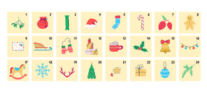 Christmas advent calendar banner with numbered tiles vector isolated on white background
