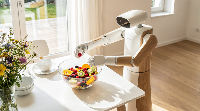 domestic humanoid robot placing fresh raspberry into glass bowl filled with colorful fruits on dining table inside bright modern kitchen area