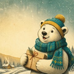 Obraz premium Winter teddy bear holding gift in cozy snowy landscape