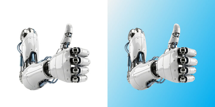 Robot hand showing thumbs up sign for artificial intelligence