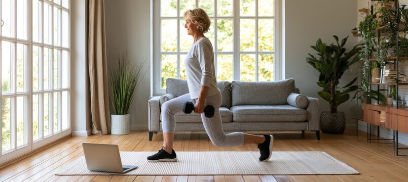 A fit Caucasian senior woman performs lunge exercises with dumbbells while watching an online workout class on a laptop in her bright panoramic living room.
