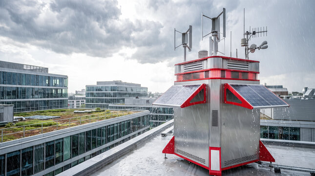 Futuristic automated weather station with solar panels and wind turbines installed on modern commercial building rooftop during overcast rain shower outdoors