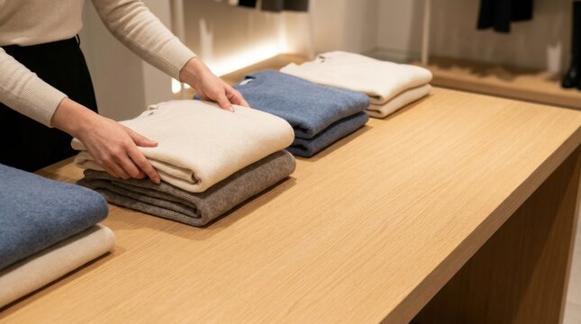 Worker Folding Sweaters on Wooden Table in Clothing Store