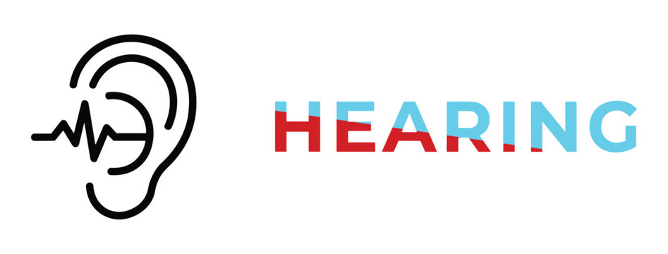 Hearing Health Awareness: A minimalist graphic depicts an ear alongside the word HEARING, visually representing sound waves and auditory wellness.