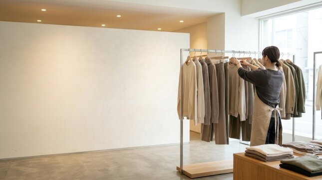 Retail Worker Arranging Neutral Clothing on Rack in Minimal Fashion Store
