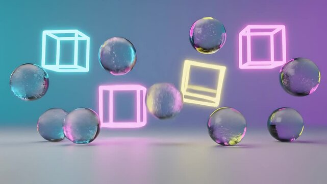 Abstract 3D animation of floating glass spheres and glowing neon outline cubes on a colorful gradient background