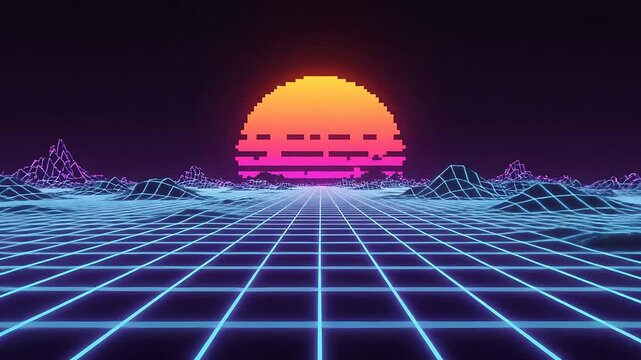 80s retro futuristic synthwave animation featuring a neon wireframe landscape with a glowing pixel sun