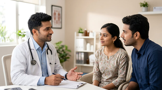 Compassionate doctor engaging in a patient consultation with attentive listeners in a modern clinic setting