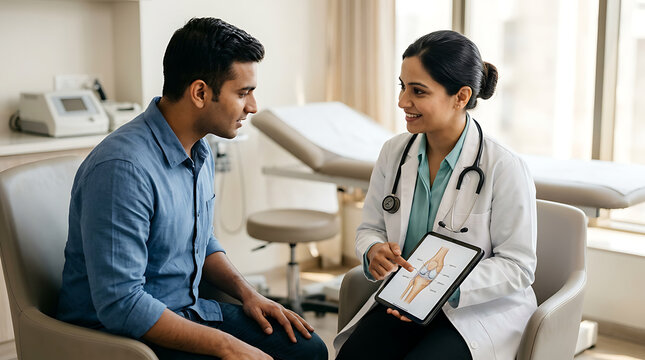 medical consultation in a clinical setting involving a healthcare professional and a patient engaging in health discussion