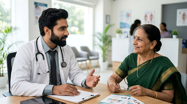 Compassionate doctor engaging with an elderly woman patient in a modern clinical setting promoting healthcare and empathetic