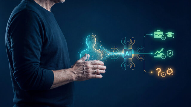 AI Career Guidance and Reskilling Concept, Senior Man Holding Digital Human Profile Linked to AI Chip Showing Job, Education and Advancement Paths Versus Skill Gap Uncertainty