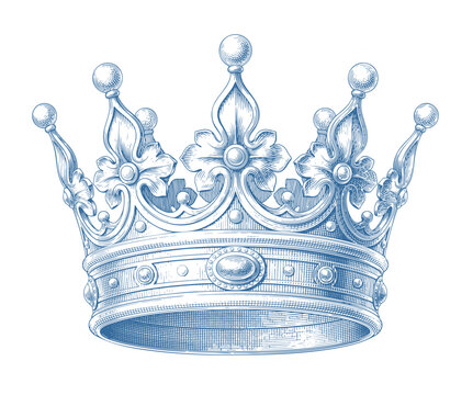 Vintage royal crown illustration, ornate engraved design with decorative jewels.