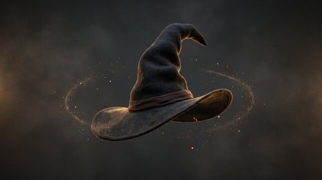 Enchanting dark sorcerer's hat suspended magically in a mystical void, surrounded by shimmering golden particles and ethereal light, symbolizing ancient power and hidden wonders