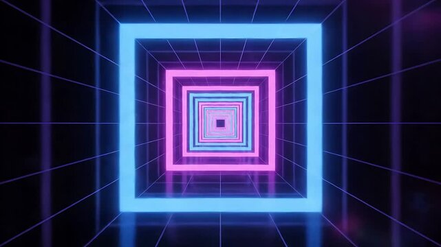 Abstract neon tunnel with glowing blue and pink square frames moving through a futuristic grid corridor