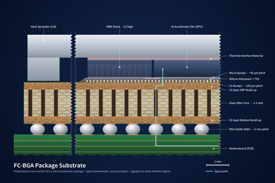 Proportional cross section of AI chip package on FC-BGA substrate