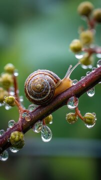 Close-up view of a grape snail on a grapevine with morning dew highlighting fresh nature