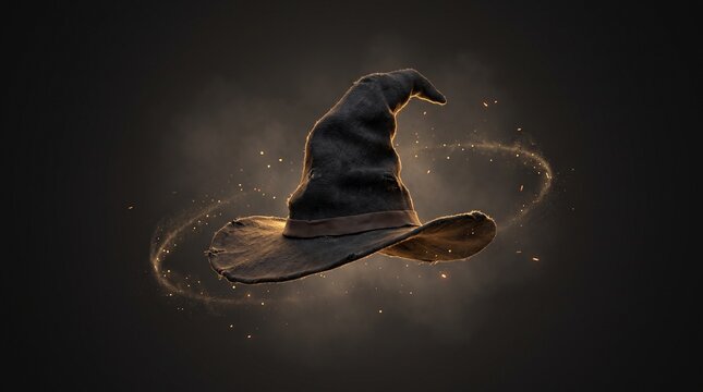 Magical dark sorcerer hat levitating amidst a swirling trail of golden light particles and mysterious glowing dust against a dark background