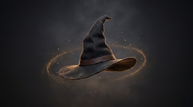 Mysterious dark wizard hat levitating amidst a swirl of magical golden sparks and ethereal smoke against a shadowy backdrop, evoking fantasy and enchantment