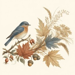 Obraz premium Vintage bird perched on autumn branch with dried leaves