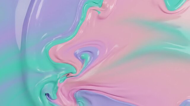Abstract pastel liquid swirl with thick glossy texture of mint green pink and lavender paint mixing together