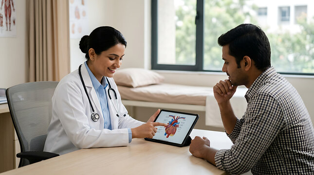 medical consultation in a healthcare setting with doctor explaining a digital heart diagram to a male patient in a modern clinic