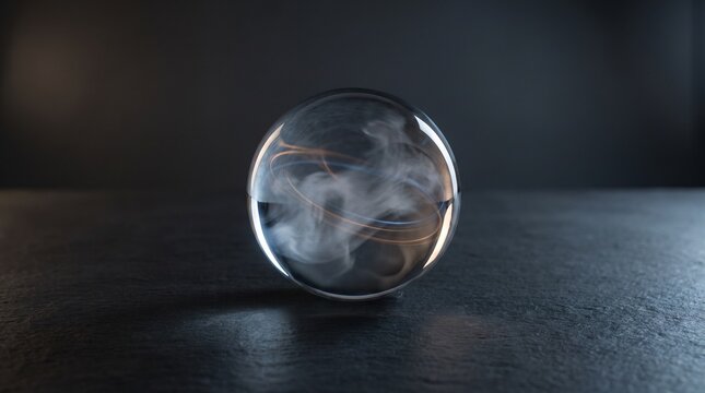 Mysterious wisps of smoke swirl within a clear glass orb resting on a textured dark surface, creating an atmospheric and enigmatic scene