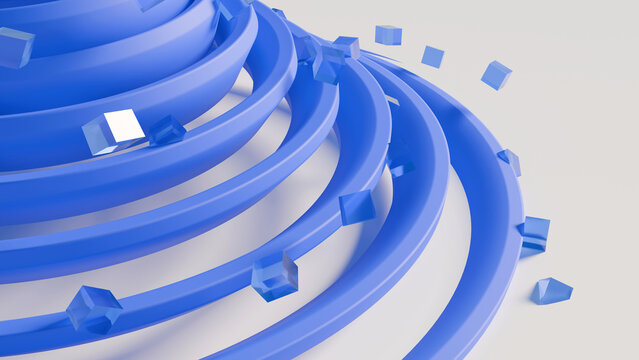 Abstract 3D blue spiral rings with floating cubes on white background, perfect for tech banners, data transfer, modern UI designs, and presentations