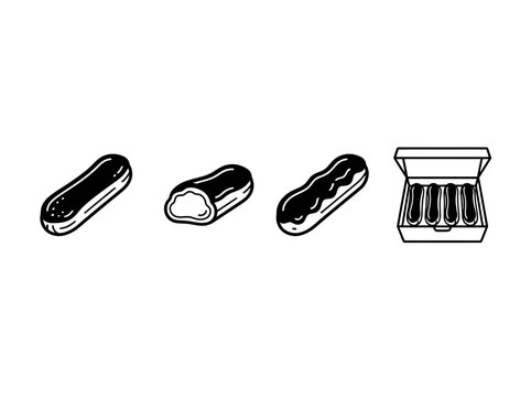 Set of black and white vector icons for eclair pastry desserts featuring individual pieces and a box isolated on white