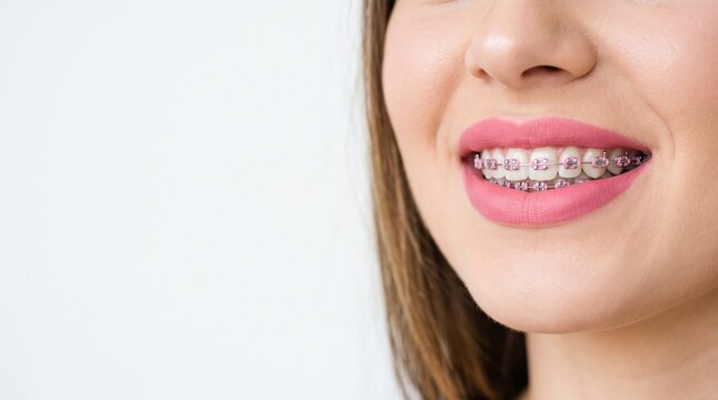 Macro Close Up View of Female Patient Smile with Orthodontic Brackets and Pink Elastic Ligatures on Maxillary and Mandibular Teeth