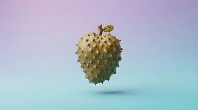 3D render of a golden soursop fruit floating against a soft purple and blue gradient background