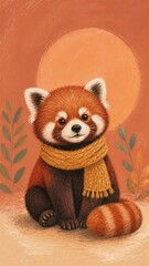 Obraz premium Cute red panda illustration with scarf, warm autumn style, mobile wallpaper
