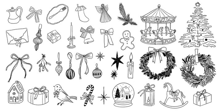 Collection of hand-drawn black Christmas elements including ornaments, wreaths, gifts, bows and festive decorations, isolated on transparent background