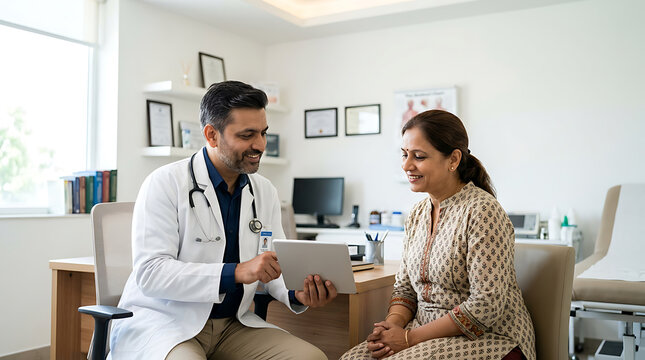 Doctor Consults with Female Patient in a Modern Clinic Setting for Health Checkup and Medical Advice