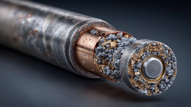 Rifle bullet cross section on a clean background showing the inner layers and gunpowder details.