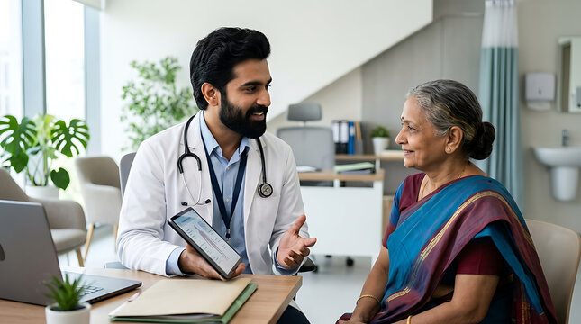 Compassionate medical consultation between young doctor and senior patient in a modern clinic setting