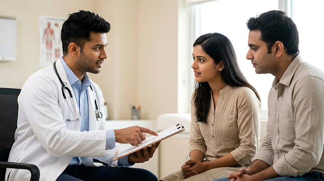 medical consultation with doctor explaining health details to patients in a clinic setting