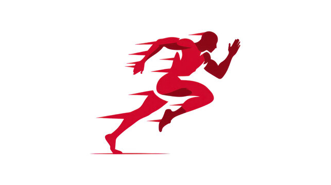 Minimalist red sprinting athlete logo silhouette with speed lines, dynamic running runner icon, sport fitness club brand identity design on white background