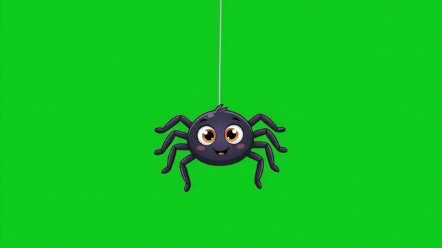 Cute cartoon spider hanging on web against green background