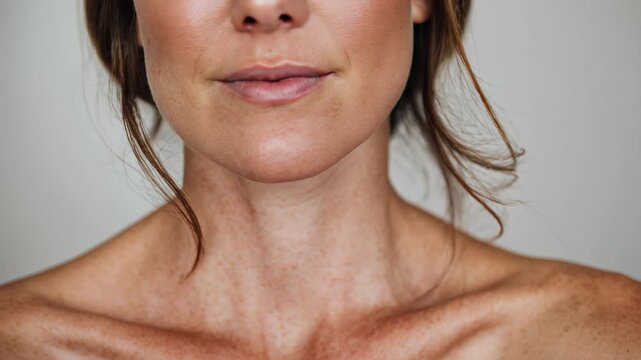Close-up of a woman's face and shoulders with natural freckles and soft lighting