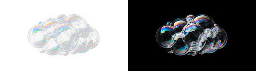 Obraz premium Transparent soap bubbles cluster featuring iridescent rainbow colors glowing brightly against contrasting dual white and black studio backgrounds