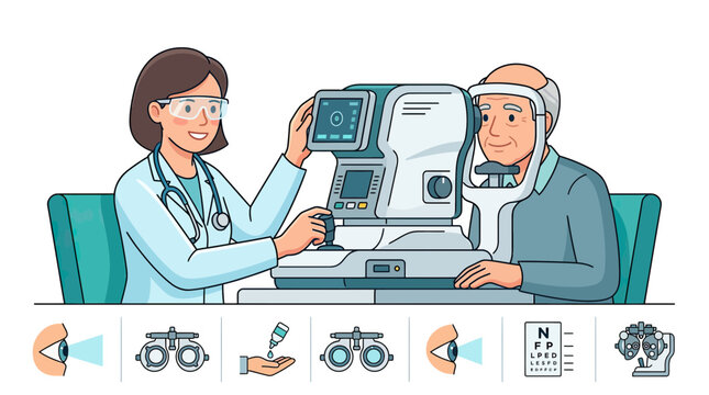 Optometrist examining senior patient with eye equipment