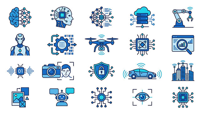 Technology icon set featuring AI drone robot and cybersecurity graphics with transparent background