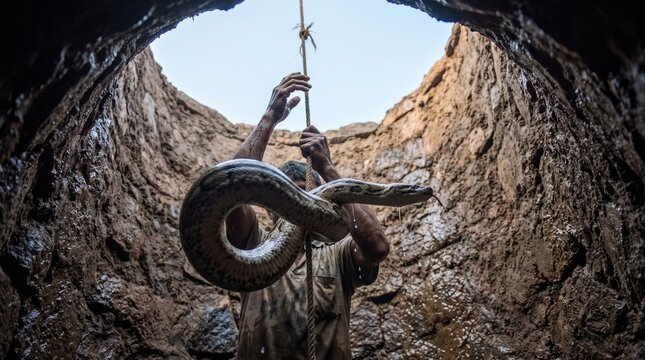 Low angle view from inside a deep stone well showing a South Asian rescuer pulling a large Python molurus Indian rock python to safety using a rope against a bright sky for wildlife conservation