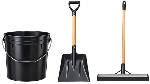 Wildfire property cleanup tools with bucket shovel and floor squeegee for preparedness